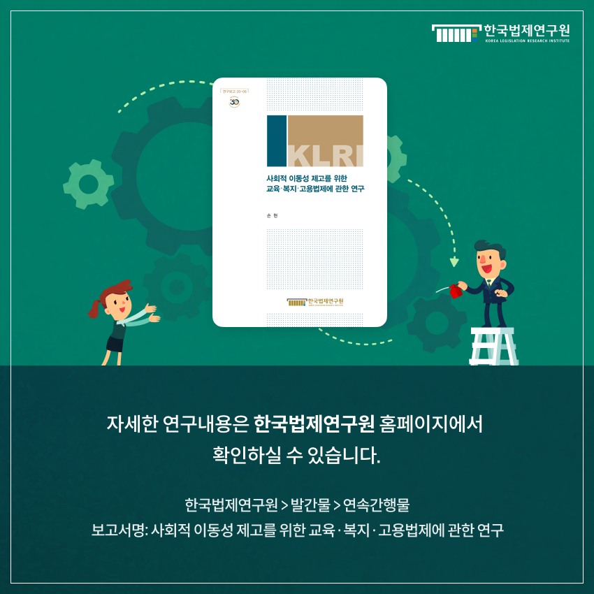 자세한 연구내용은 한국법제연구원 홈페이지에서  확인하실 수 있습니다. 한국법제연구원 > 발간물 > 연속간행물 보고서명: 사회적 이동성 제고를 위한 교육·복지·고용법제에 관한 연구