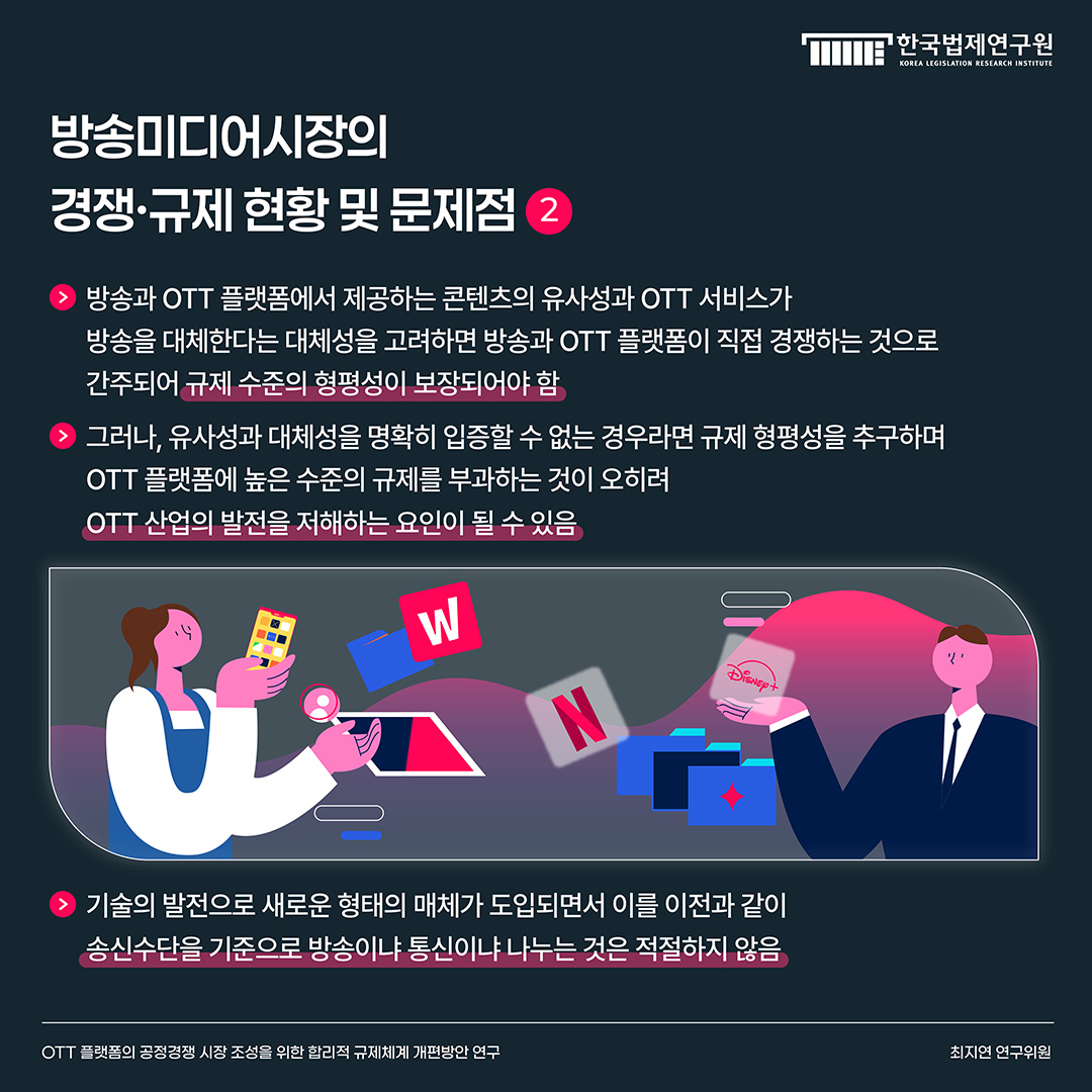 방송미디어시장의 경쟁·규제 현황 및 문제점 2 -방송과 OTT플랫폼에서 제공하는 콘텐츠의 유사성과 OTT 서비스가 방송을 대체한다는 대체성을 고려하면 방송과 OTT 플랫폼이 직접 경쟁하는 것으로 간주되어 규제 수준의 형평성이 보장되어야 함 -그러나, 유사성과 대체성을 명확히 입증할 수 없는 경우라면 규제 형평성을 추구하며 OTT 플랫폼에 높은 수준의 규제를 부과하는 것이 오히려 OTT 산업의 발전을 저해하는 요인이 될 수 있음 -기술의 발전으로 새로운 형태의 매체가 도입되면서 이를 이전과 같이 송신수단을 기준으로 방송이냐 통신이냐 나누는 것은 적절하지 않음