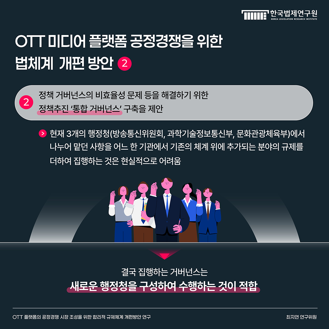 OTT 미디어 플랫폼 공정경쟁을 위한 법체계 개편 방안 2 2) 정책 거버넌스의 비효율성 문제 등을 해결하기 위한 정책추진 '통합 거버넌스' 구축을 제안 -현재 3개의 행정청(방송통신위원회, 과학기술정보통신부, 문화관광체육부)에서 나누어 맡던 사항을 어느 한 기관에서 기존의 체계 위에 추가되는 분야의 규제를 더하여 집행하는 것은 현실적으로 어려움 결국 집행하는 거버넌스는 새로운 행정청을 구성하여 수행하는 것이 적합