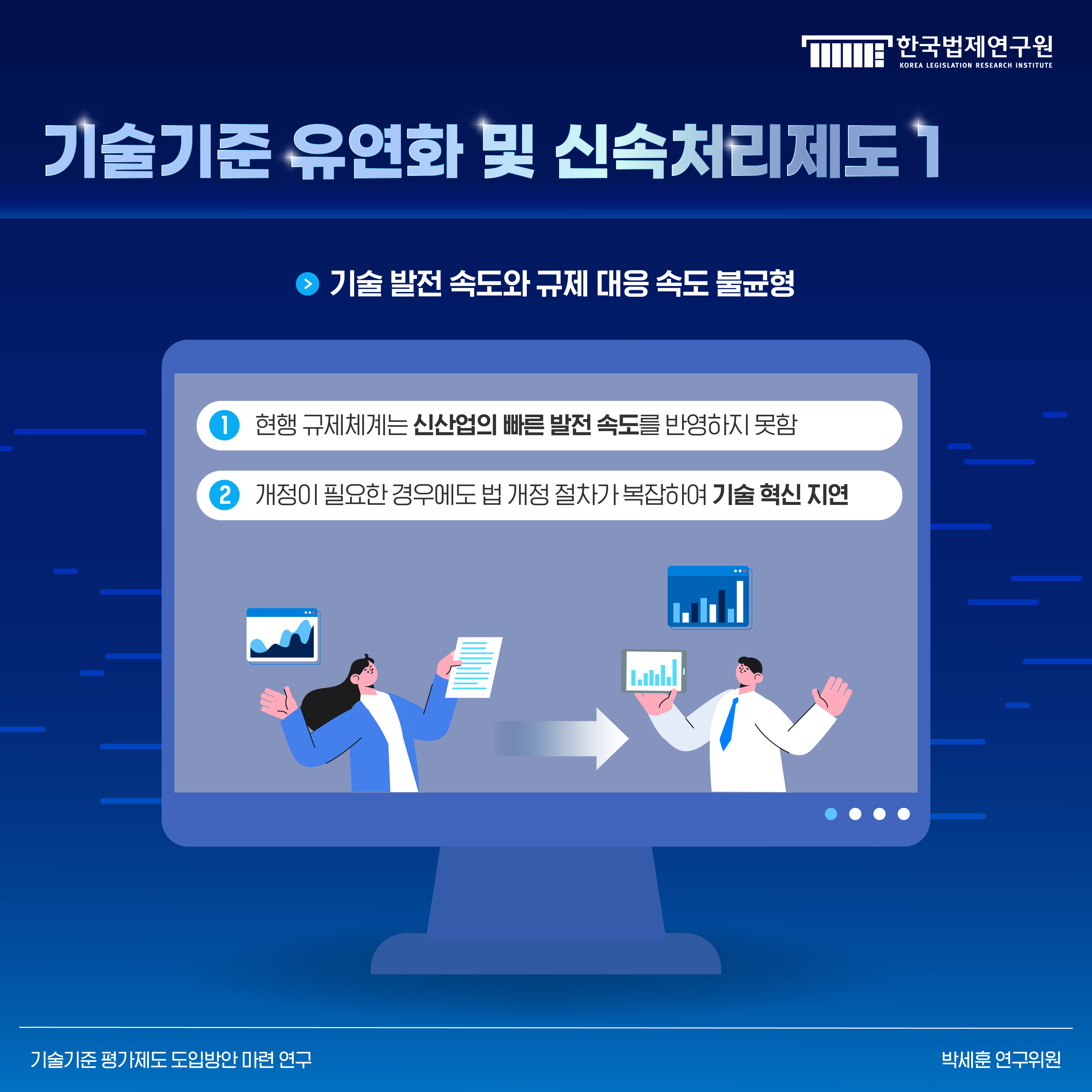 4. 기술기준 유연화 및 신속처리제도 1 -기술 발전 속도와 규제 대응 속도 불균형 1) 현행 규제체계는 신산업의 빠른 발전 속도를 반영하지 못함 2) 개정이 필요한 경우에도 법 개정 절차가 복잡하여 기술 혁신 지연