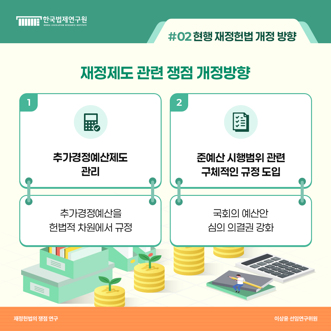 #02 현행 재정헌법 개정 방향 재정제도 관련 쟁점 개정방향 1. 추가경정예산제도 관리: 추가경정예산을 헌법적 차원에서 규정 2. 준예산 시행범위 관련 구체적인 규정 도임: 국회이 예산안 심의 의결권 강화