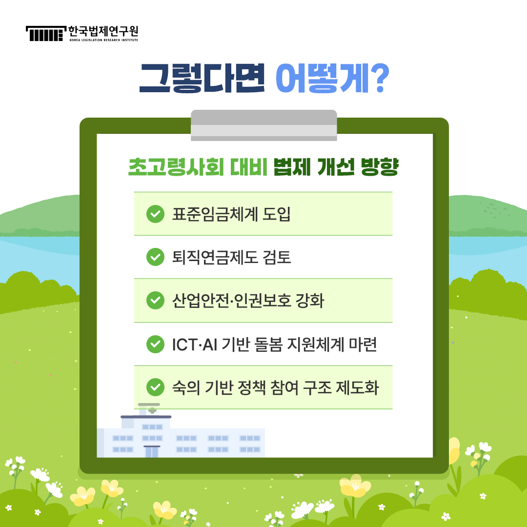 그렇다면 어떻게? 초고령사회 대비 법제 개선 방향 -표준임금체계 도입 -퇴직연금제도 검토 -산업안전·인권보호 강화 -ICT·AI 기반 돌봄 지원체계 마련 -숙의 기반 정책 참여 구조 제도화