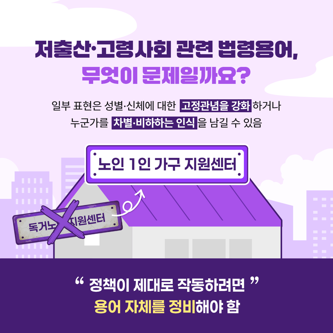 저출산·고령사회 관련 법령용어, 무엇이 문제일까요?  일부 표현은 성별·신체에 대한 고정관념을 강화하거나  누군가를 차별·비하하는 인식을 남길 수 있음  독거노인지원센터 -> 노인 1인 가구 지원센터  